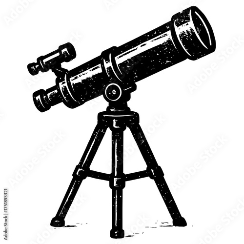 Elegant black and white vintage astronomical telescope illustration, featuring a detailed scope on a sturdy tripod. Perfect for educational science materials, space exploration, stargazing, celestial