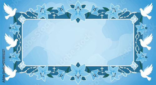A light blue decorative frame featuring lilies, doves, and rosary beads on a gradient background, creating a religious or celebratory border.