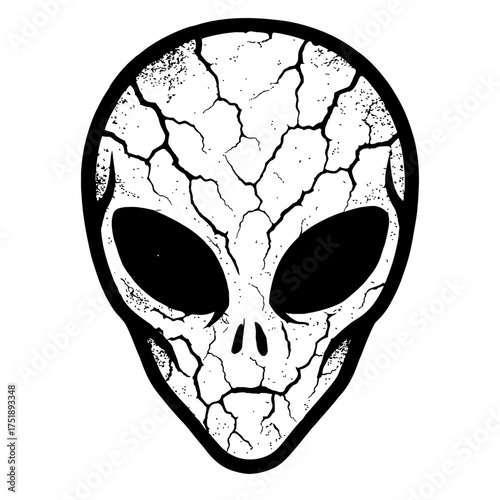 Intricate distressed black and white alien head vector art featuring a striking cracked skin texture, embodying a classic extraterrestrial design with a grunge aesthetic, perfect for sci-fi enthusiast