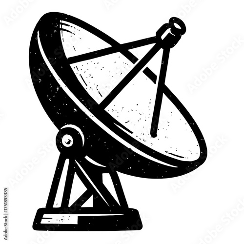 Black and white vector satellite dish illustration, retro woodcut/engraving aesthetic. Represents global telecommunication, advanced signal reception, broadcasting technology for digital media, networ