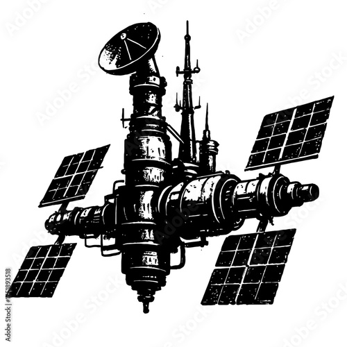 Detailed monochromatic illustration of an advanced orbital space station. Features large solar panels, a prominent parabolic communication dish, and intricate antennas, embodying futuristic space tech