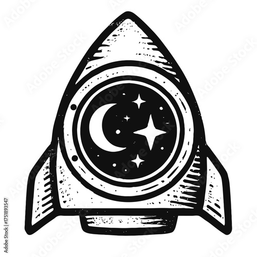 Whimsical Vintage Rocket Ship Illustration with Crescent Moon and Twinkling Stars in Porthole Window - Retro Space Exploration Art, Hand-Drawn Celestial Design for Unique Graphics, Merchandise, and Di