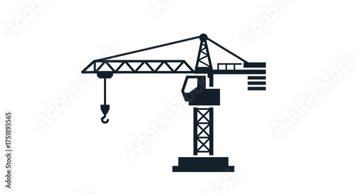 Black and White Construction Crane Silhouette on White Background.