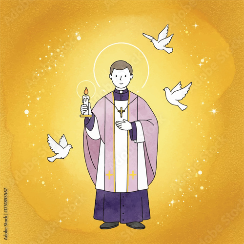Illustration of a priest holding a candle, surrounded by doves, against a golden, starry background.