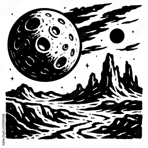 Monochromatic Space Vista: An evocative linocut print featuring a dramatically cratered celestial body dominating a dark alien sky, casting its light upon a rugged, mountainous extraterrestrial landsc