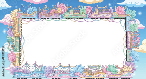 Ornate, colorful frame with pastel hues, decorated with whimsical architectural elements and cloud-like shapes, surrounding a blank white space.