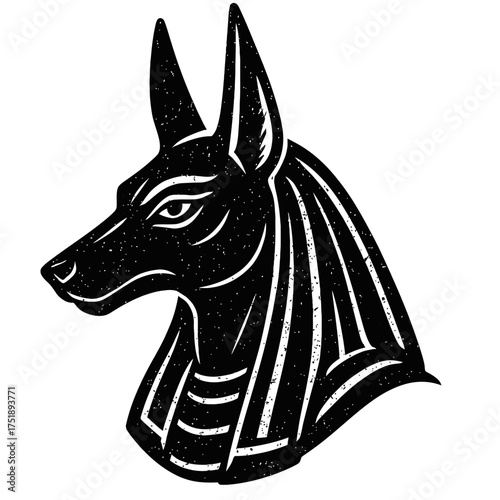 Ancient Egyptian God Anubis Head. Iconic Jackal Deity. Stylized Vintage Distressed Graphic Art. Black and White. Afterlife Guardian. Mythology Symbol. Perfect for Historical, Spiritual, Mystical, Cult