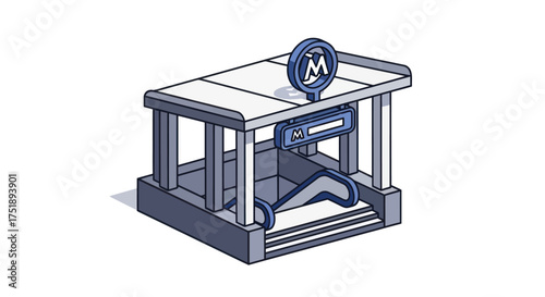 Isometric Cartoon Subway Station Entrance with Escalator and M Logo.