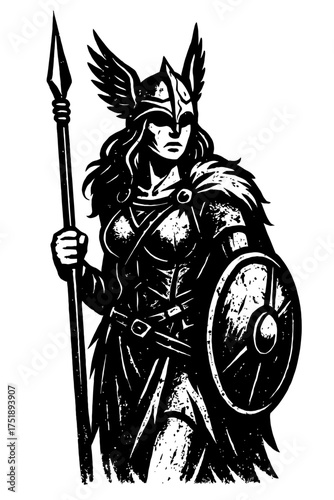 Striking black and white illustration depicting a fierce mythological Valkyrie warrior, adorned in intricate battle armor and a majestic winged helmet, confidently wielding a formidable spear and roun