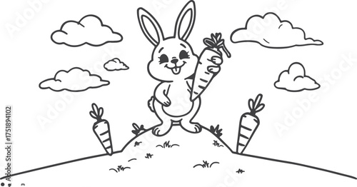 happy children chubby rabbit standing on a small grassy mound and holding a large carrot. rabbit design for children book