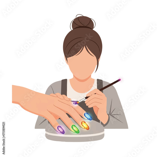 Woman applying colorful gems to fingernails with a brush, performing a manicure on a client's hand.