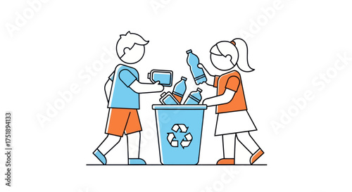 Young children recycling plastic bottles and carton into a blue bin.