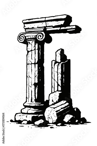 Black and white line art of ancient classical ruins, showcasing a weathered column with an Ionic capital and surrounding crumbling stone fragments. This detailed illustration evokes historical decay a
