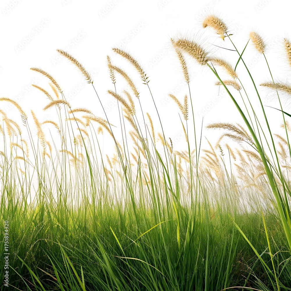 Fototapeta premium Tall ornamental grass plumes swaying gently in the breeze against a bright sky