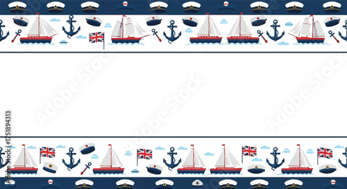 Nautical themed border featuring sailboats, anchors, British flags, and sailor hats on a navy blue and white background.
