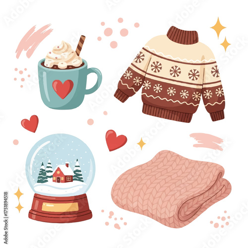 A cozy winter illustration featuring a mug of hot chocolate, a patterned sweater, a snow globe with a house, and a knitted blanket.
