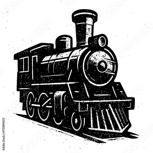Vintage steam locomotive illustration. Black and white classic train engine on tracks. Captures industrial heritage, nostalgic travel, retro charm. Perfect for designers, history buffs, transportation