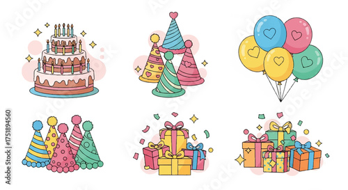 A collection of birthday themed illustrations including a layered cake with candles, party hats, balloons with heart designs, and stacks of colorful gift boxes with ribbons.