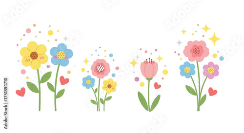Illustration of four different flower arrangements with hearts, stars, and colorful dots on a white background.