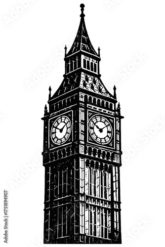 Iconic Big Ben Elizabeth Tower London Clock Landmark Vector Illustration Monochrome Design. Famous British Architecture, Historical Symbol of England, UK Travel Destination, Timepiece Art. Graphic Out