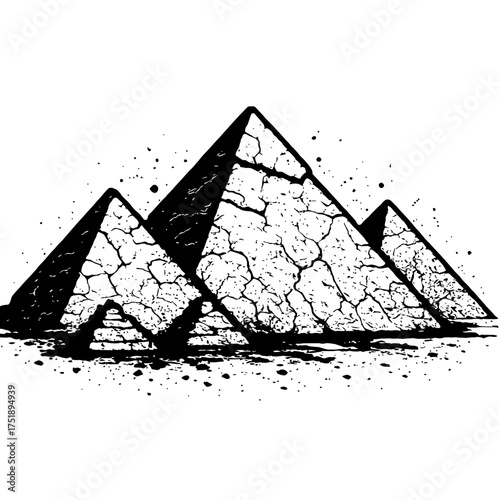 Bold black & white distressed ancient Egyptian pyramids illustration, showcasing intricate cracked textures & dynamic grunge splatters. This striking graphic art evokes timeless mystery, historical gr
