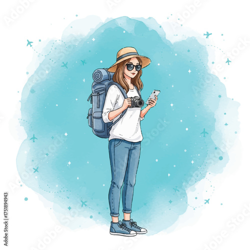 A young woman traveler with a backpack, hat, and sunglasses holds a phone and camera against a blue watercolor background with airplane accents.