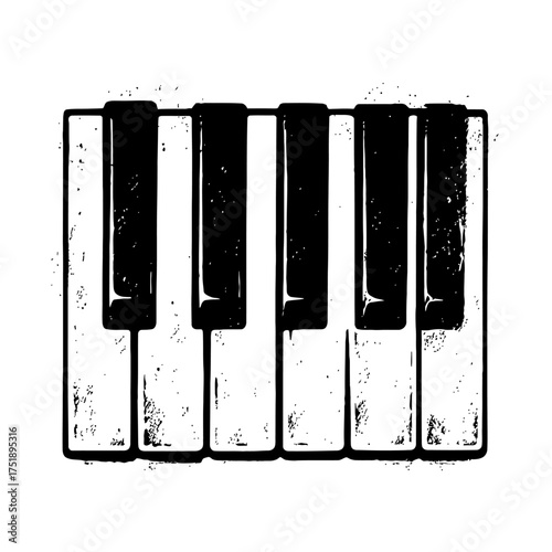 Grungy black and white hand-drawn illustration of piano keyboard keys, showcasing a distressed artistic texture. Ideal for music-themed designs, education, lessons, musical event promotions, and creat