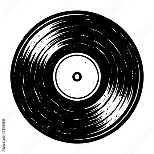 Iconic Vintage Vinyl Record Illustration: Capturing the essence of classic black LP albums, featuring grungy textured grooves and a crisp white label design. Perfect for retro music enthusiasts, DJ cu