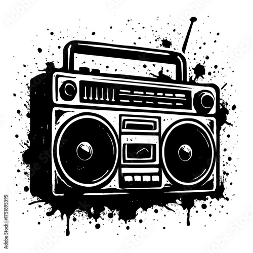 Grungy Retro Boombox Illustration with Splattered Ink Effect, Vintage Portable Stereo for Music Lovers, Hip-Hop Culture Inspired Black and White Art, Old School Ghetto Blaster Design with Urban Street