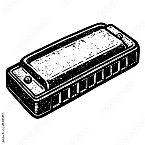 Iconic black and white distressed vintage harmonica illustration, depicting a classic blues harp musical instrument with textured detail, perfect for music lovers, retro designs, and artistic projects