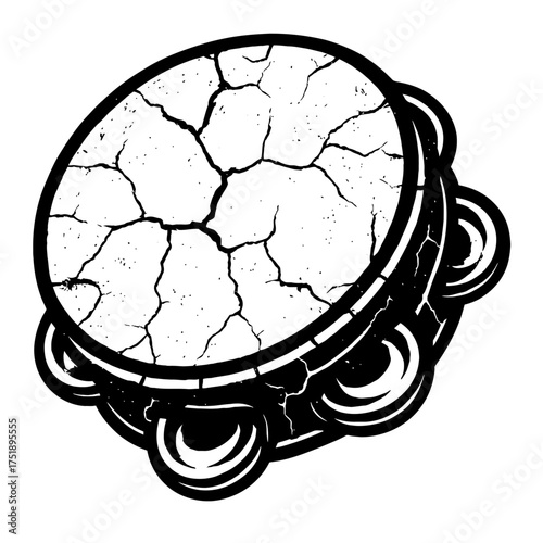 Distressed Black and White Tambourine Illustration with Cracked Drumhead Texture and Rustic Metal Jingles – A Vintage-Inspired Percussion Instrument Graphic for Music, Art, and Design Projects Requiri