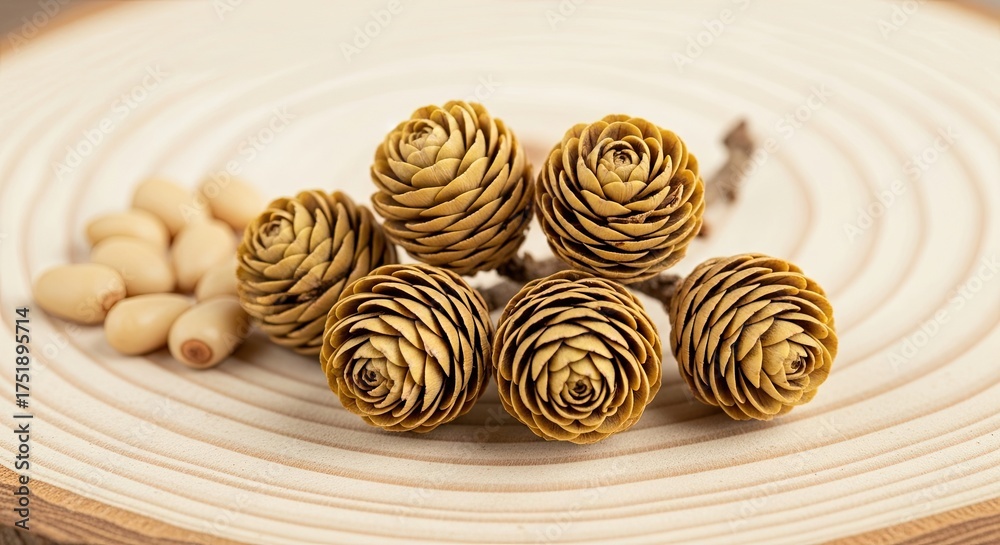 Fototapeta premium Close up of pine nuts and small pine cones on a wooden surface