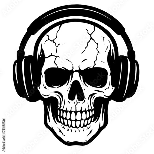 Captivating Black & White Skull Illustration Wearing Headphones with Prominent Forehead Cracks, a Powerful Vector Graphic for Music Enthusiasts, DJ Apparel, Rock & Metal Designs, Album Art, and Edgy M