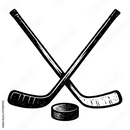 Detailed black and white vector illustration featuring two classic ice hockey sticks dramatically crossed above a regulation puck, representing the core equipment and competitive spirit of the thrilli