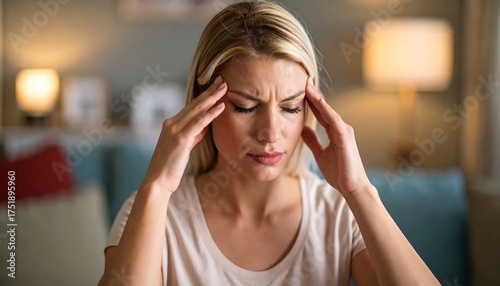 Woman with Headache Holding Temples, Expressing Discomfort