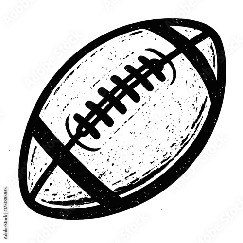 Vibrant black and white distressed American football illustration, perfect for sports enthusiasts and game day promotions. Features a grunge texture, prominent laces, and a classic silhouette, ideal f