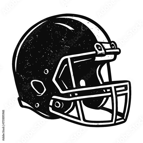 Vintage distressed black and white American football helmet illustration for sports branding. An iconic symbol of gridiron heritage, competitive spirit, and player protection. Ideal for athletic desig