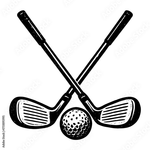 Timeless Golf Sport Icon: Striking Black and White Illustration of Two Crossed Clubs & Dimpled Ball. Ideal for Vintage Logos, Sports Apparel, Tournament Graphics. Captures Game's Appeal & Precision in