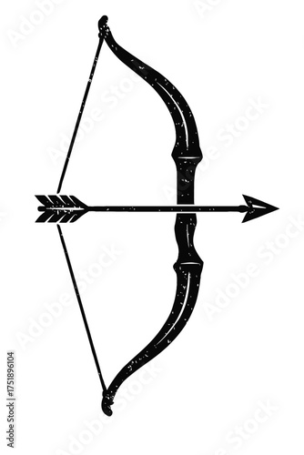 Classic black and white grunge illustration of a traditional recurve bow with an arrow nocked, ready for target practice or hunting. This vintage vector icon evokes ancient archery, representing skill