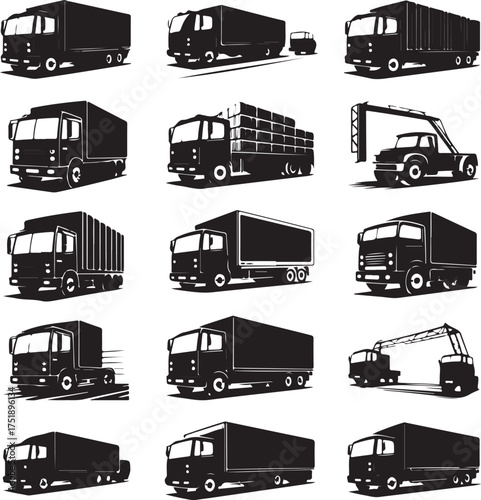 Collection of various truck vector silhouettes for transport and logistics