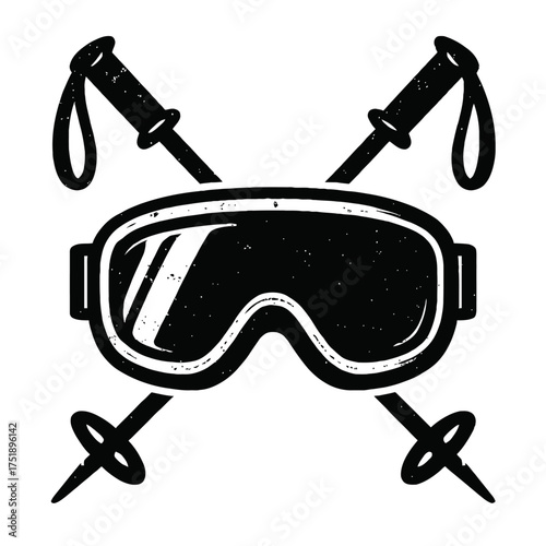 Vintage-style black and white illustration of crossed ski poles positioned behind a pair of classic ski goggles, ideal for winter sports enthusiasts, ski lodge decor, mountain adventure branding, or a