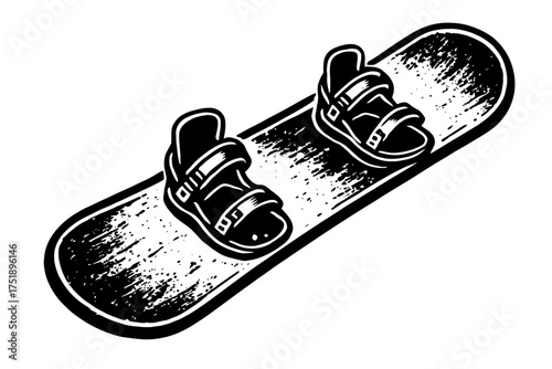 Black and white grunge snowboard with bindings. Vector art capturing winter sports, extreme alpine adventures, mountain recreation. Ideal for active lifestyle designs, snow sports enthusiasts, boarder