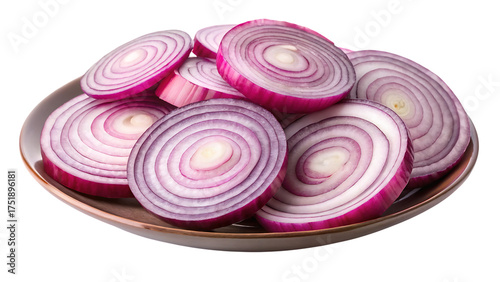 Freshly sliced red onion rings arranged attractively on a plate for culinary preparation