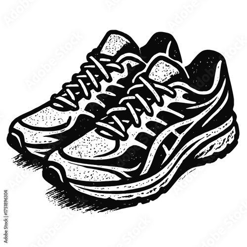 Dynamic pair of athletic running shoes presented in a striking black and white linocut style illustration, showcasing textured details, high contrast, and classic sportswear appeal, perfect for design