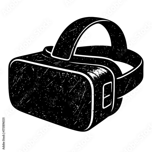 Black and white distressed illustration of a modern virtual reality headset, featuring an immersive display unit and adjustable head strap, symbolizing advanced gaming, augmented reality, and metavers