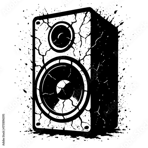 Cracked speaker grunge vector with dynamic ink splatter effect, black and white, distressed audio graphic for raw music energy, DJ, party, rock, hip hop, urban designs & merch visuals! Perfect for fes