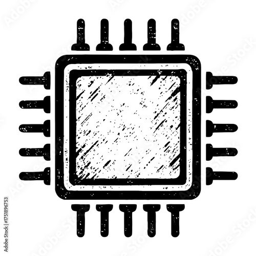 Distressed Black and White Grunge Style Computer Chip Icon with Pins, Microprocessor Graphic for Technology, AI, Data, and Digital Concepts, CPU Symbol for Modern Computing and Integrated Circuitry De