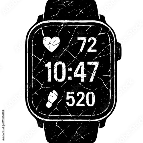 Distressed Smartwatch Vector Icon with Heart Rate 72 BPM, Current Time 10:47, and 520 Steps Tracked - A Grungy Digital Watch Displaying Essential Fitness and Time Information for Health and Tech Enthu