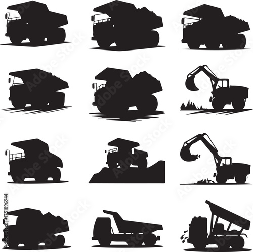 Construction and mining equipment black silhouette vector illustration set