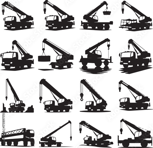 Construction Crane Trucks Black and White Silhouettes Vector Illustration Set